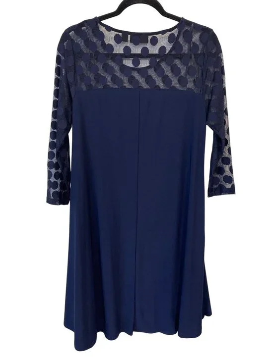 Nina Leonard Illusion Swing Dress Size Medium High Low 3/4 Sleeve Polka Dot NEW - Picture 4 of 11